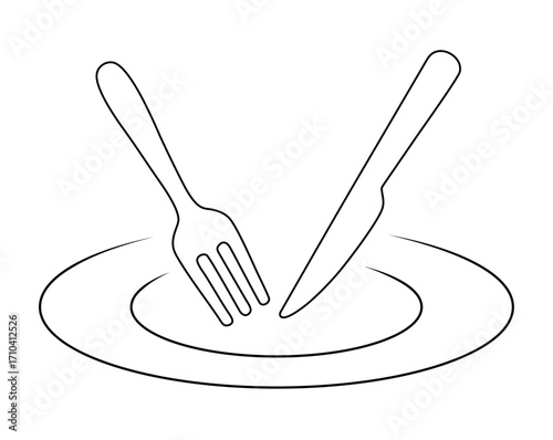 line art of a picture of cutlery in the form of a plate, fork, and knife. This icon is for a sticker or banner and a restaurant logo.