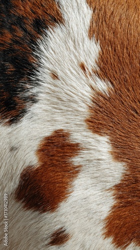 Close-up view of a cowhide's textured surface, showcasing a pattern of brown, white, and black patches.  The fur is short and lies in various directions