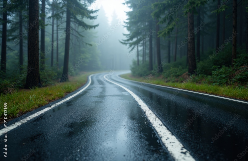 Fototapeta premium A winding wet road through a foggy forest with tall trees and lush greenery