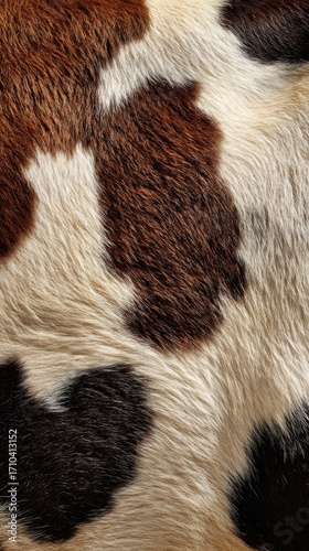 Close-up of a cow's hide, showcasing a patchwork of brown, black, and white fur, creating a natural, textured pattern