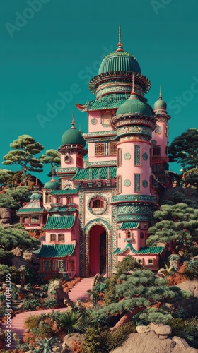 A whimsical, pink castle nestled on a hillside, surrounded by lush greenery and smaller buildings, path leading to a large entrance