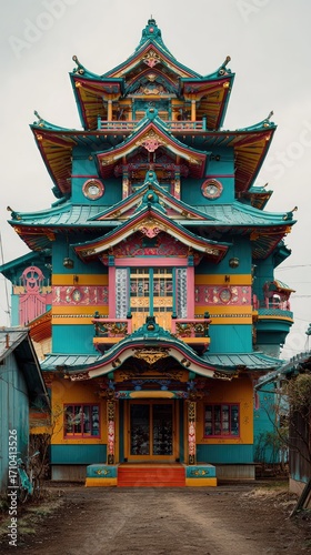A vibrant, multi-storied building with an East Asian architectural style, painted in teal, pink, and yellow, stands majestically.  The building features intricate detailing and a symmetrical design