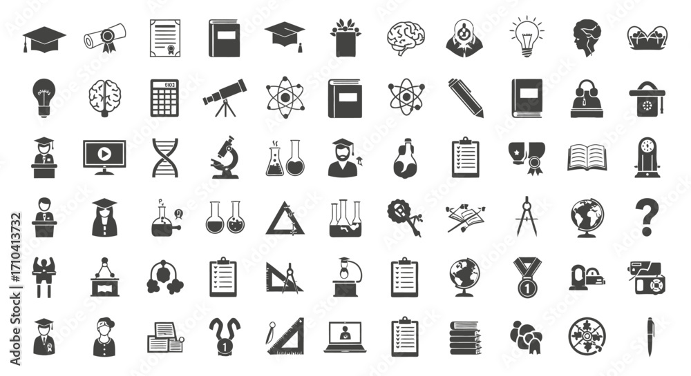 Fototapeta premium Simple Flat Silhouette Academic Education School Study Learning Icon Set