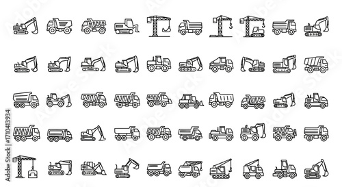 Minimalist Line Drawing Construction Vehicle and Equipment Collection Icon Set
