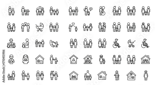 Minimalist Line Art Family and Home Icon Set with Various Relationship Dynamics