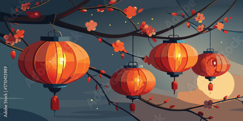 Glowing orange lanterns hang from a tree branch at dusk