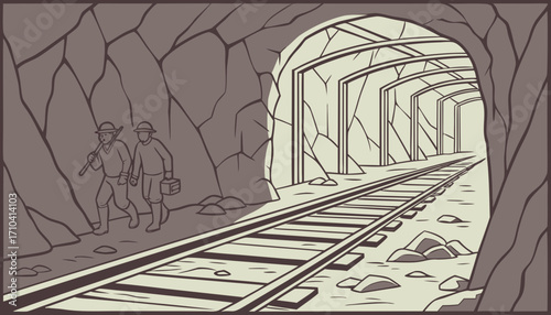 Underground Mining Tunnel with Railway Tracks
