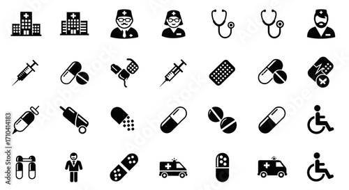 Simple Flat Medical and Healthcare Glyph Icon Set Silhouette Style