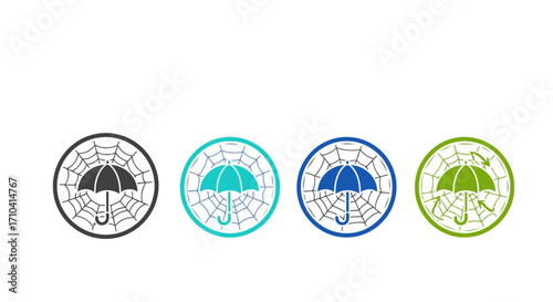Various colorful umbrella designs within circular frames, perfect for branding, logos, and icons