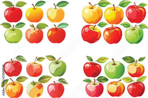 Colorful array of apples showing various colors and states of consumption