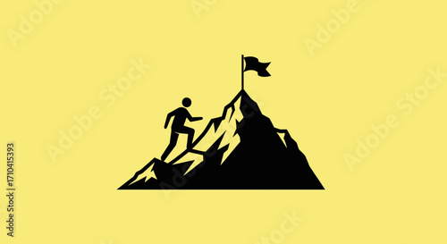 Man climbing mountain reaching peak with flag, symbolizing achievement and success