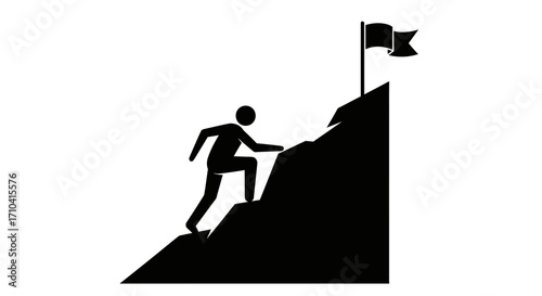 Person climbing mountain to achieve goal, success icon with flag waving at the top