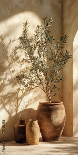 Sunlit corner with terracotta pots and olive branch.  Earthy tones and shadows create a serene, minimalist scene