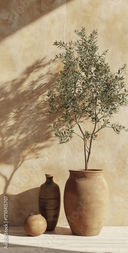 Earthenware vessels and a small olive tree cast shadows against a beige wall, bathed in sunlight