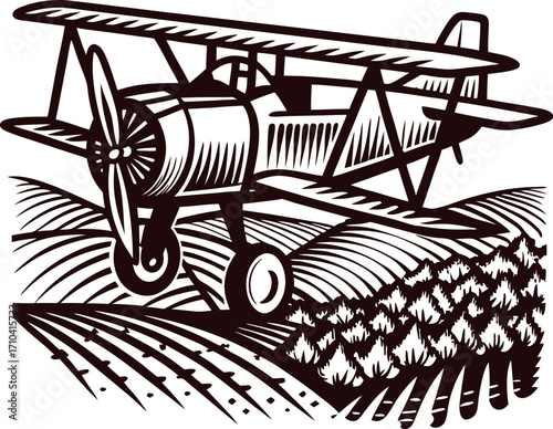 Retro biplane flying low over farmland with crops and fields vintage black and white woodcut engraving illustration