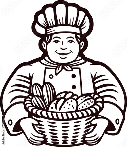 Smiling chef holding basket of bread and vegetables hand drawn vintage kitchen staff illustration in monochrome