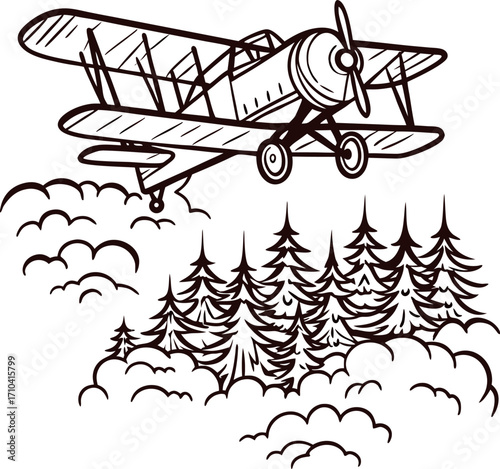 Vintage biplane flying over forest with clouds hand drawn line art illustration of airplane above trees