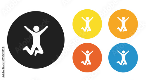 Joyful person jumping with arms up on colorful circles, representing happiness and fun