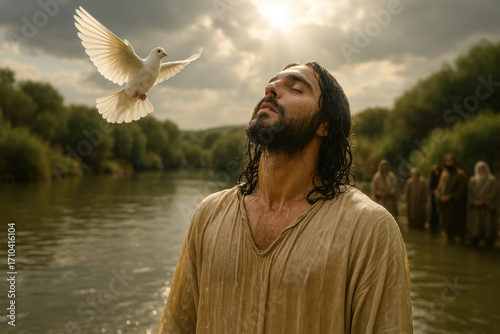 Baptism of Jesus with dove descending over river
