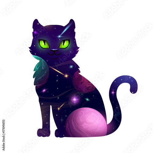 Space cat, vector fantasy celestial feline silhouette filled with a cosmic galaxy scene, featuring glowing green eyes, planets, stars, and shooting comets, blending mystical charm with outer space