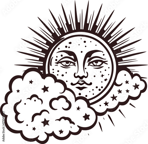 Vintage celestial sun and moon illustration with radiant rays and clouds in engraved hand drawn