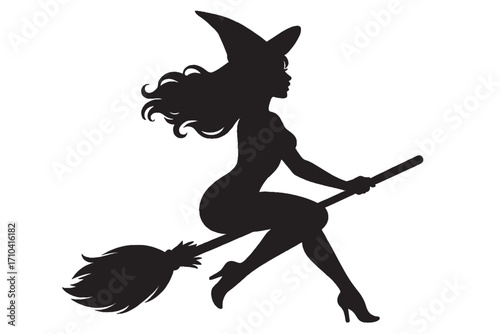 Witch Flying on Broomstick Silhouette