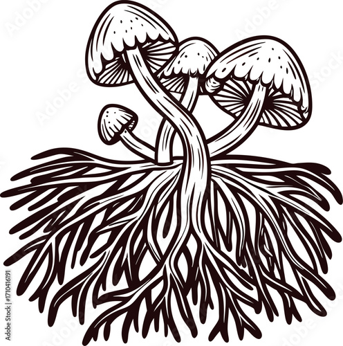 Hand drawn ink illustration of wild mushrooms with detailed roots and caps isolated on white background