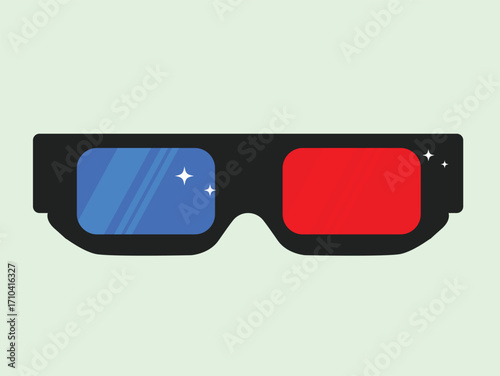 Cartoon illustration of black 3D glasses with one red and one blue lens, sparkling.