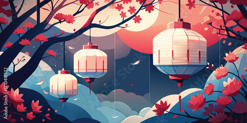 Traditional paper lanterns hang from trees with red leaves in a serene night landscape
