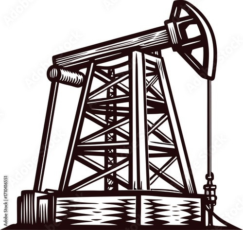 hand drawn vintage oil pump jack illustration engraved industrial energy oilfield machinery