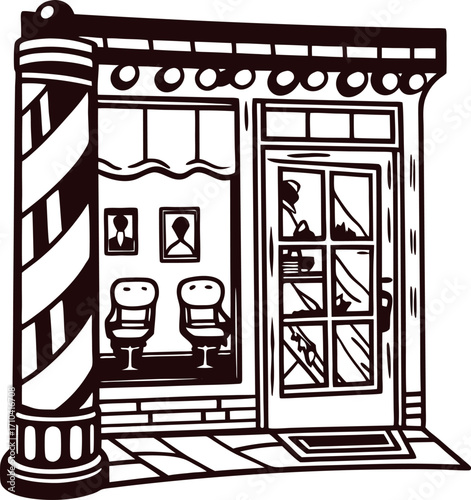 Classic barbershop storefront illustration with striped pole and window interior view, vintage black and white line art