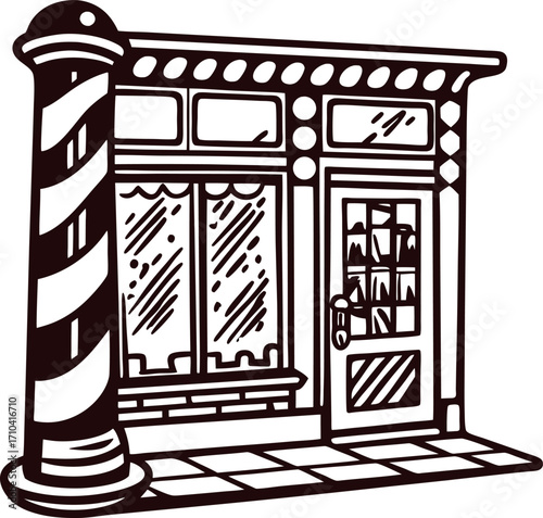 Vintage hand drawn barbershop storefront with striped pole and classic windows illustration