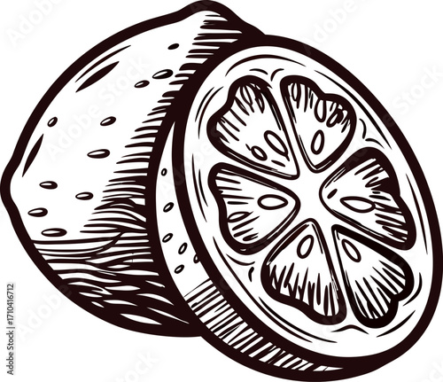 Hand drawn lemon half and wedge illustration with detailed engraving lines isolated on white background