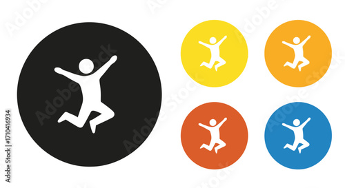 Joyful person icon jumping in colorful circles representing energy and happiness