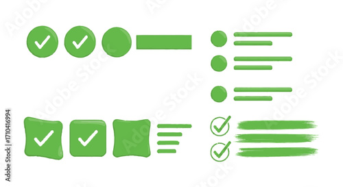 Green checkmarks and list elements for UI design, task completion, and web design elements