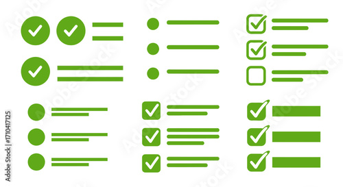 Green checkmark list icons, perfect for task completion, planning, and project management.