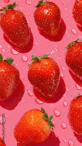 A vibrant close-up showcases glistening, ripe strawberries arranged in neat rows against a bright pink backdrop.  Water droplets accentuate the juicy texture