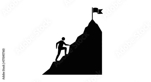 Person climbing mountain reaching for flag, achieving goals, success, leadership, determination
