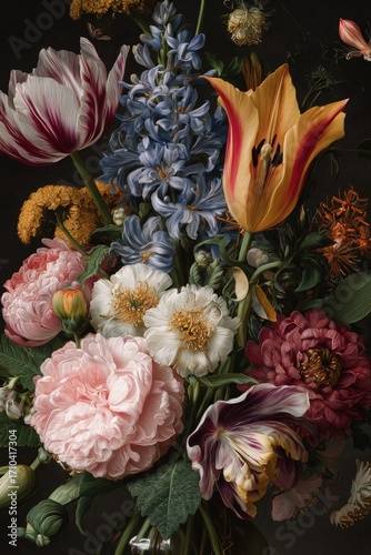 A lush bouquet of various flowers in a dark background, showcasing vibrant colors and textures; the detailed composition suggests a still-life approach