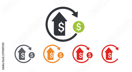 Dynamic financial growth icons showing upward trend and currency symbol, perfect for business success.
