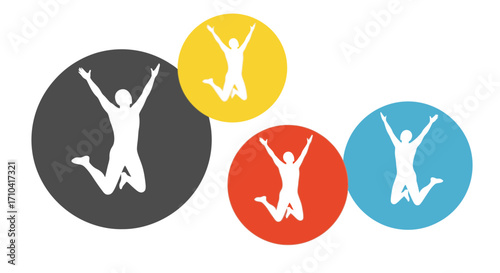 Dynamic silhouettes of people leaping with joy against vibrant colorful circles, celebrating success and freedom.