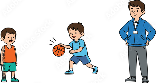 Basketball practice, kids playing, coach supervising, sports activity, cartoon illustration, physical education, teamwork, active children, gym scene, youth engagement
