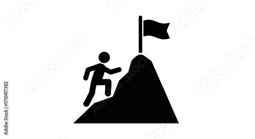 Determined climber ascends mountain peak reaching for success and victory flag