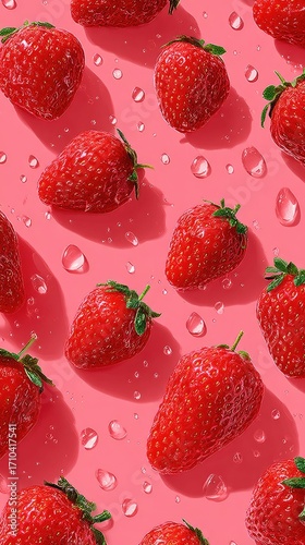 A vibrant flatlay showcases numerous ripe strawberries arranged on a pink backdrop, interspersed with glistening water droplets, casting gentle shadows