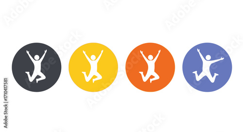 Joyful figures celebrating success and freedom with energetic leaps in vibrant circles