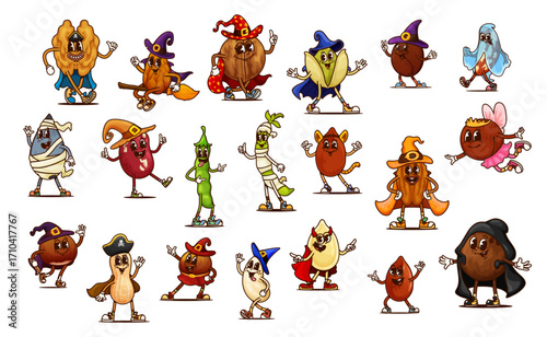Groovy Halloween nut and legume characters. Retro psychedelic food vector personages in Halloween costumes. Cute groovy walnut, almond, hazelnut and peanut, pistachio, cashew and coconut with hats