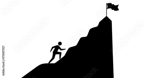 Determined climber scales rugged peak to plant victory flag, symbolizing achievement and success
