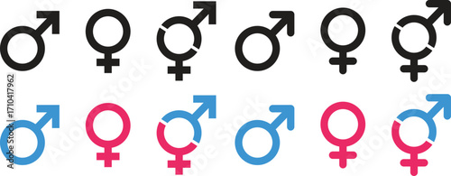 Male and female gender symbols icon set. Gender identity signs isolated on transparent background. Feminine and masculine symbols. Vector illustration.