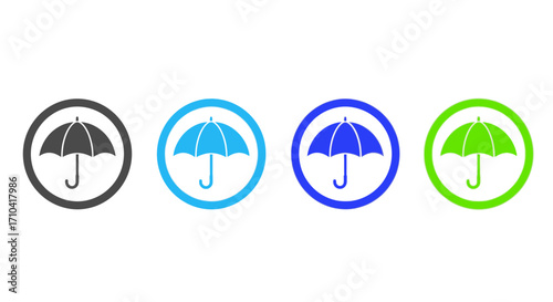 Four modern umbrella icons in circles representing protection, safety, and weather readiness