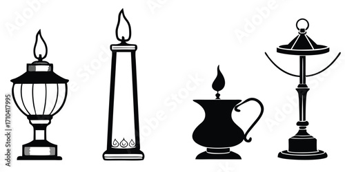 Collection of vintage and antique lamps and candles illustration